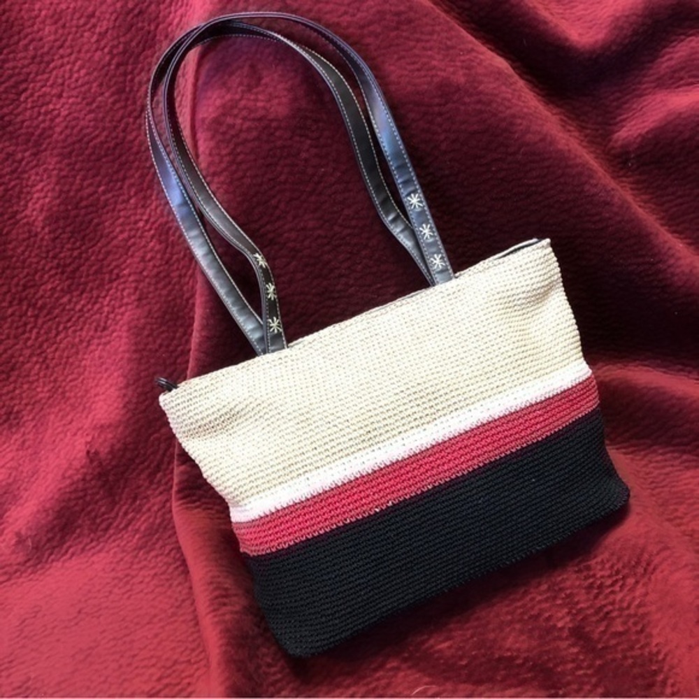 Liz Claiborne Villager Woven Shoulder Bag, Red, Black & Tan Color Block Stripes